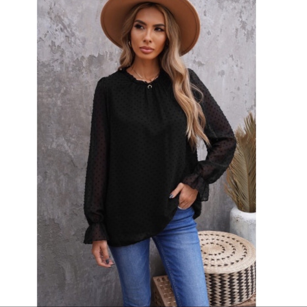 Black Ruffled Crewneck Swiss Dot Bubble Blouse - Picture 2 of 5